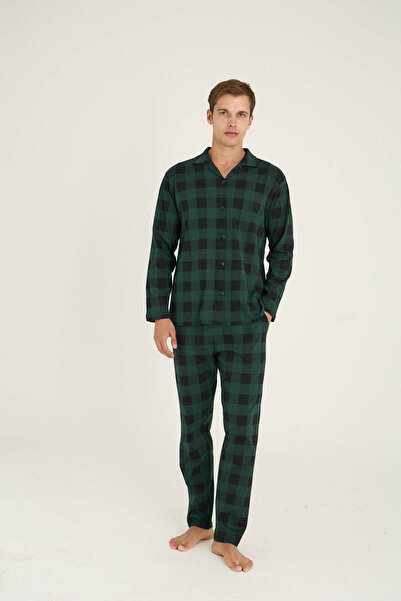 DÜVEN Apaç Collar Buttoned Green Square Plaid Patterned Transitional Men's Pajama Set