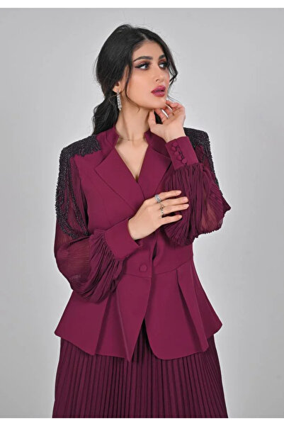 Opera Fashion Women's burgundy set with embroidered chiffon sleeves and pleated skirt