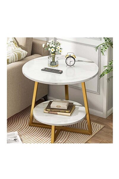 Alcoach Double Layer Round End Table Marble-Like Side and Bedside Table for Small Living Rooms