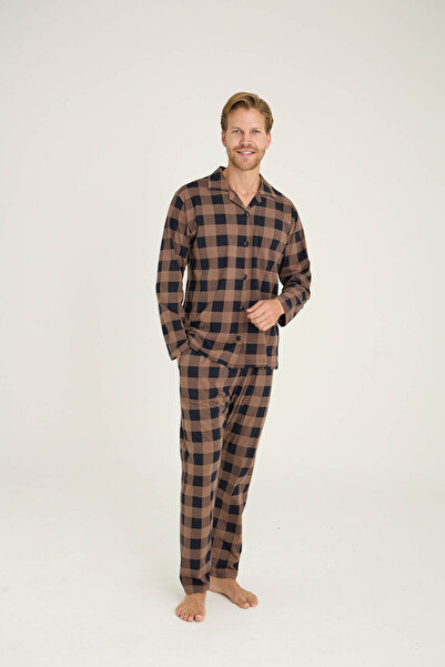 DÜVEN Apaç Yaka Düğmeli Відкритий кавовий квадратний картатий сезонний чоловічий піжамний комплект