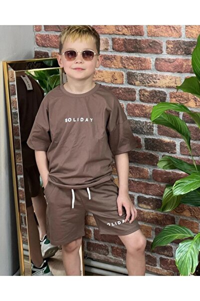 LUSHN Brown Soliday Printed Oversize T-shirt Shorts Kids Set