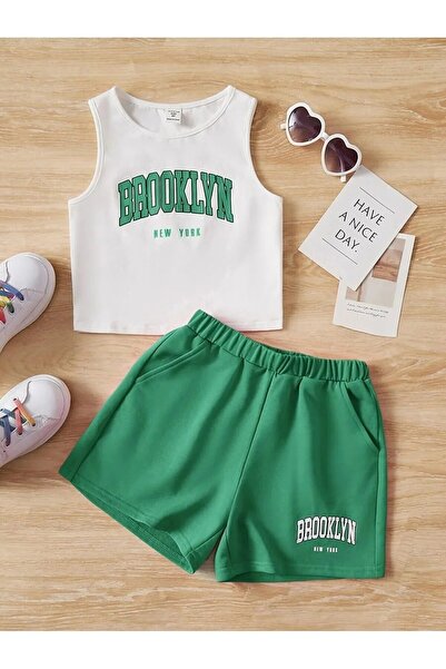 LUSHN طقم تي شيرت قصير بدون أكمام مطبوع عليه بروكلين للأطفال مع شورت