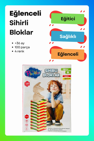 PlayWoods Sihirli Bloklar | Eğitici 100'lü ve 4 Renkli Tahta Bloklar