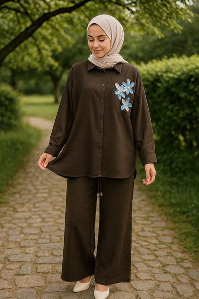 ŞIK VE MUTLU Hijab Lotus Floral Top and Bottom Linen Set