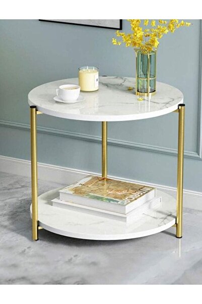 Alcoach Gold 2-Tier Small Round Side Table with Sintered Stone Marble Top and Gold Frame