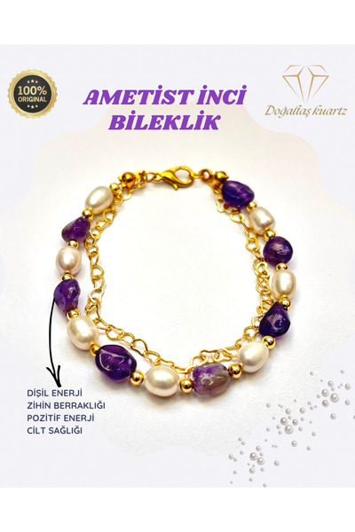 kuartz Natural Stone Bracelet with Pearl Amethyst Chain. Certified Original N...