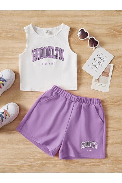 LUSHN طقم تي شيرت قصير بدون أكمام مطبوع عليه بروكلين للأطفال مع شورت
