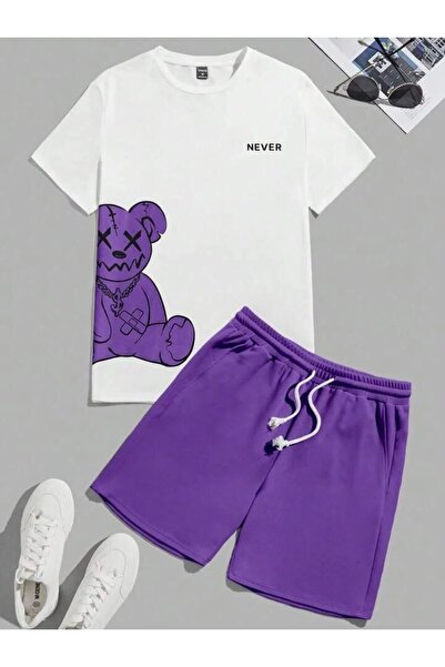 LUSHN Children's Teddy Bear Printed Top and Bottom Set Cotton Shorts T-Shirt Set