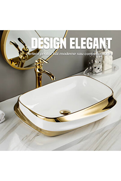 NEXTLY NEXTLY countertop ceramic washbasin, sanitary ware, 60x43x13.5cm, gold-white