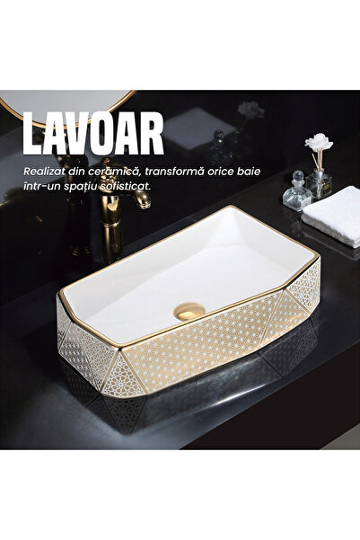 NEXTLY NEXTLY countertop ceramic washbasin, geometric pattern, sanitary ware, 55x33x12cm, gold-white
