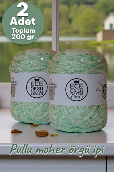 Ece Örgü Tasarım Atölyesi Su yeşili, pullu brummel kışlık örgü ipi (200 gr.)