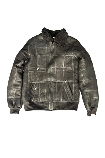 ln leather PatchWork Kürk-Süet Hakiki Deri Yakalı Biye ve Triko Detaylı Mont