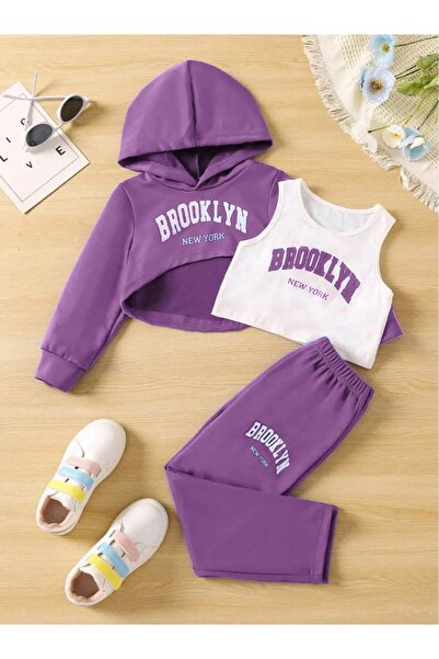 LUSHN طقم بنطال رياضي قصير مكون من 3 قطع مطبوع عليه بروكلين للأطفال