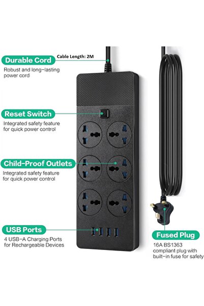 Generic ICV V Power Strip with 6 Global Outlets, 4 USB Ports, 2m Extension Cord