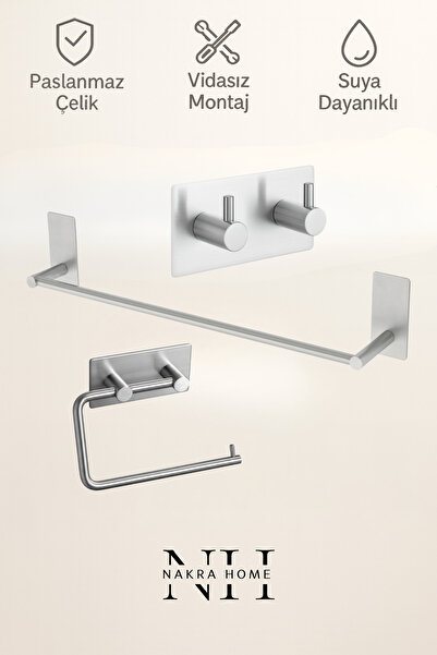 NAKRA HOME 3'lü Set ( Paslanmaz Çelik Yapışkanlı Havlu Askısı , Tuvalet Kağıt...