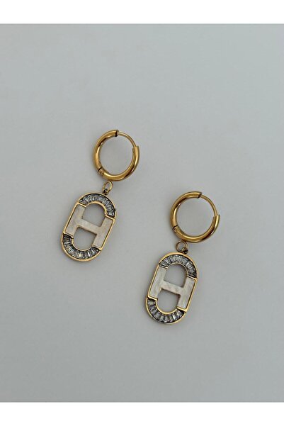 marsel aksesuar Oval White Enamel Zircon Stone Vip Gold Steel Dangle Earrings