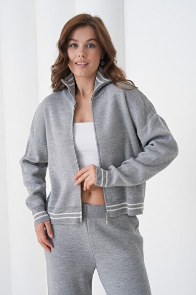 Noi Belis Mock Neck Zipper Detailed Cardigan Pants Knitwear Bottom-Top Set Aw25Au0028