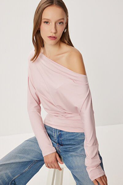 Lovelyİstanbul Asymmetrical Collar Flowy Stretchy Knitted Blouse Lub0309 Pink