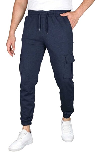 GOLSREY Men's Navy Blue Regenerated Fabric Double Cargo Pocket Pack Elastic L...