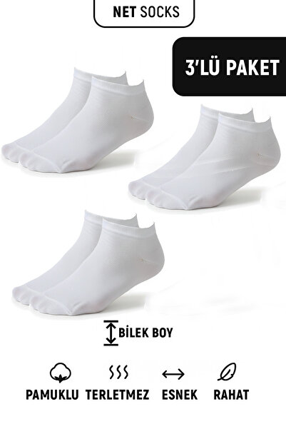 Net Tekstil 3 Pairs White Booties Cotton Comfortable Daily Socks Unisex
