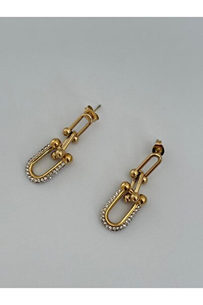 marsel aksesuar Tiffy Model Zircon Stone Detail Dangle Gold Steel Earrings