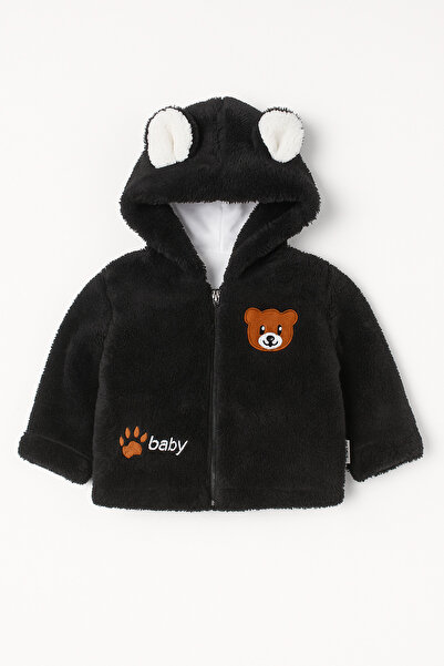 Uğur bebe Black lined plush baby cardigan with Hooded bear embroidery – soft and warm