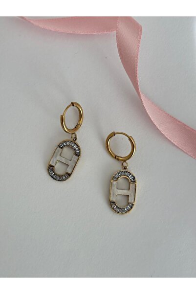 marsel aksesuar Oval White Enamel Zircon Stone Vip Gold Steel Dangle Earrings