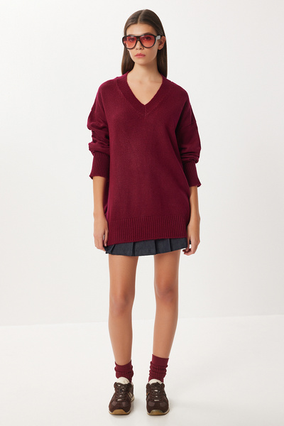 Lovelyİstanbul Oversized V-Neck Soft Knitwear Sweater Lci0056 Bordo