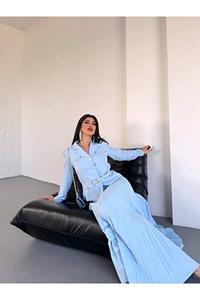 SUXİRCNHTMTS Γυναικείο Σετ Μίνι Φούστα με Πλισέ & Μπλέιζερ με Ζώνη - Τάση στον Συνδυασμό