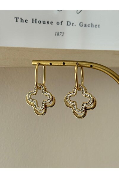 marsel aksesuar Yonca Model Zircon Stone Dangle Gold Steel Vip Earrings