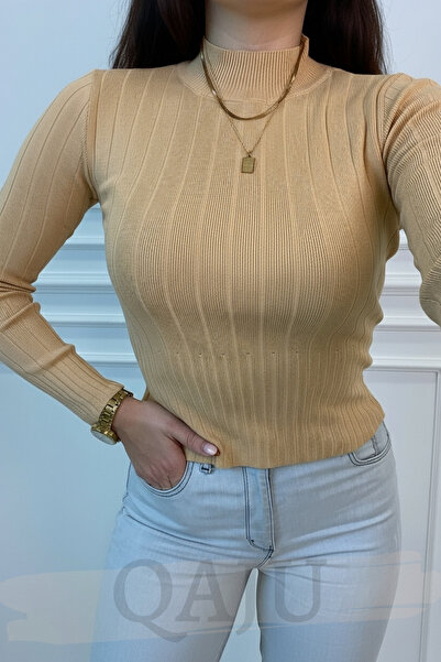 Qaju Women's Corded Fabric Knitwear Half Fisherman Sweater – Camel