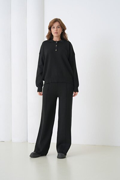 Noi Belis Oversized Premium Yarn Half Placket Button Polo Neck Knitwear Bottom-Top Set Aw25Au0029