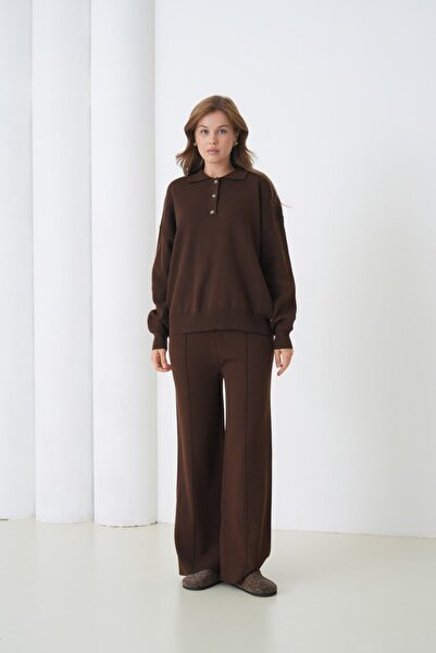 Noi Belis Oversized Premium Yarn Half Placket Button Polo Neck Knitwear Bottom-Top Set Aw25Au0029