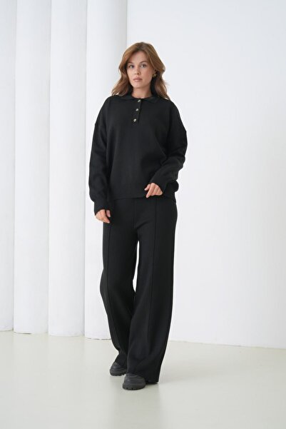 Noi Belis Oversized Premium Yarn Half Placket Button Polo Neck Knitwear Bottom-Top Set Aw25Au0029