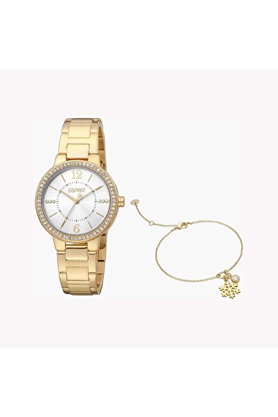Esprit ساعة نسائية من الفولاذ المقاوم للصدأ باللون الذهبي، مينا فضية | ES1L22...