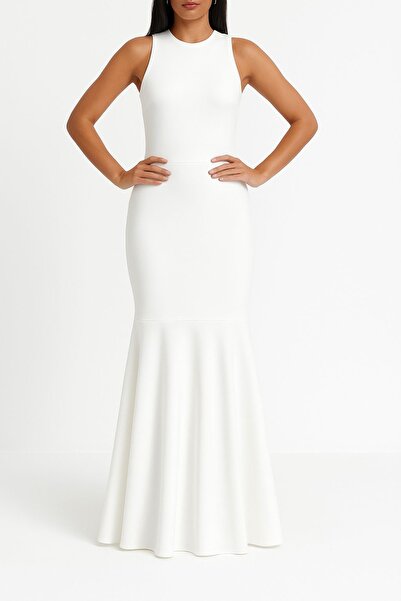 Nsb Tasarım Women's White Sleeveless Long Flared Dress