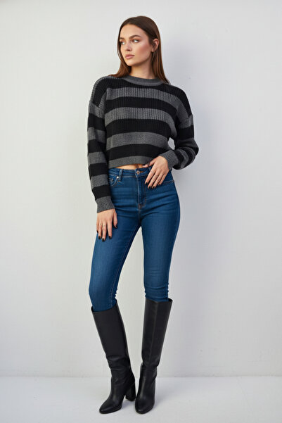 KOZİA OUTDOORS Pulover de iarnă pentru femei, negru, gri, gros, cu dungi, scurt