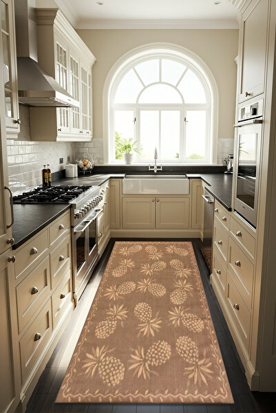 Etnik Dekor Kahve Tonlu Ananas Desenli Kaymaz Taban Makinede Kolay Yıkanabili...