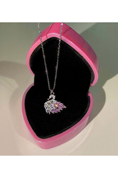 bs bellss accessory Stainless Steel Çelik Pembe Zirkon Taşlı Kuğu Kolye