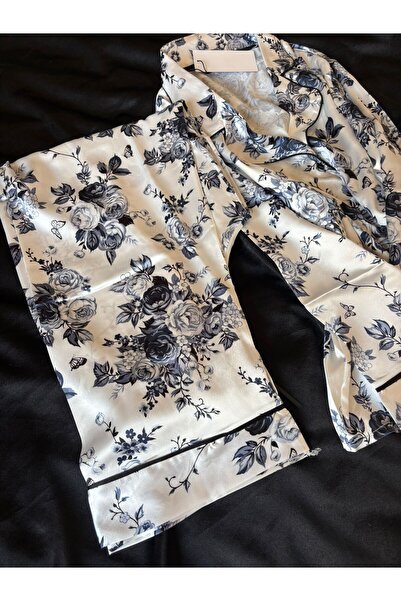 ateviaco Çiçekli Pantolon Uzun Kollu Saten Takım
