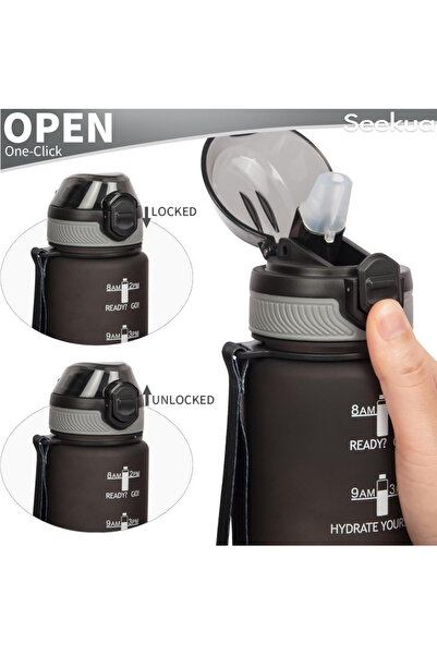 OEM Seekua water bottle, 1L, Tritan, with straw, 2 caps, carrying strap, black and white