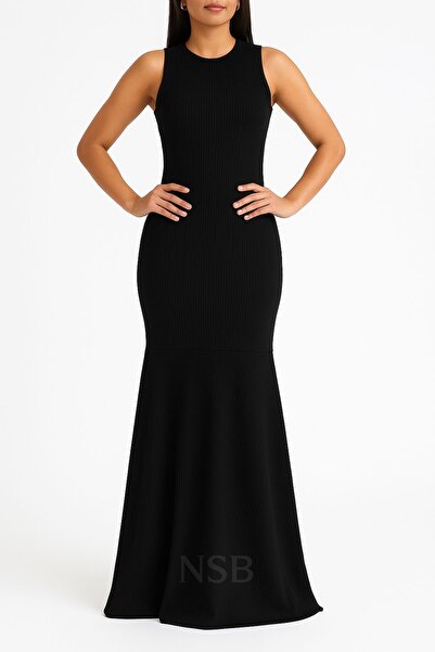 Nsb Tasarım Women's Black Sleeveless Long Flared Dress