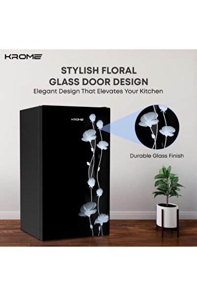 Krome Glass Door Refrigerator | 141L Gross / 90L Net Capacity | Direct Cool | Floral Design