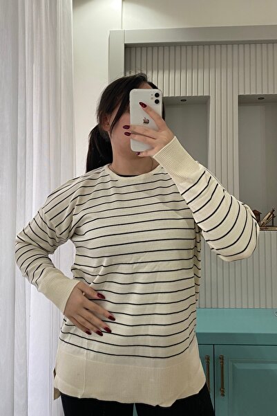 Auroveen Pulover de tricotaj cu dungi, oversize, cu guler rotund, de bază, AV...