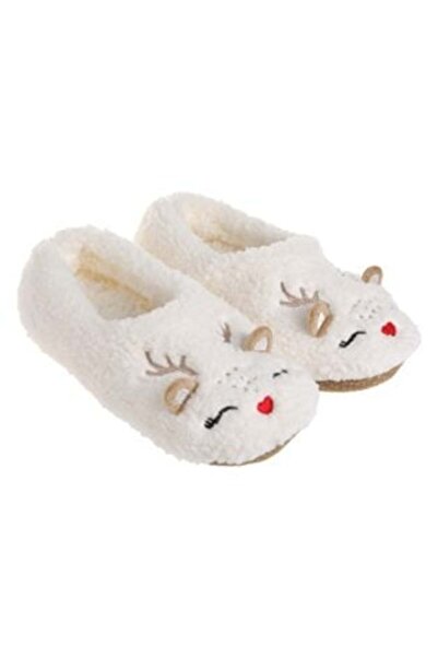 Jumbo Christmas Ballerina Slippers Ecru with Reindeer Pattern