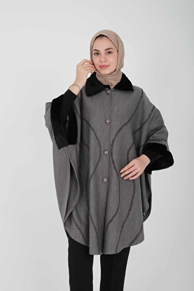 ipekton studio Kadın Çelik Örme Nakışlı Standart Beden Panço