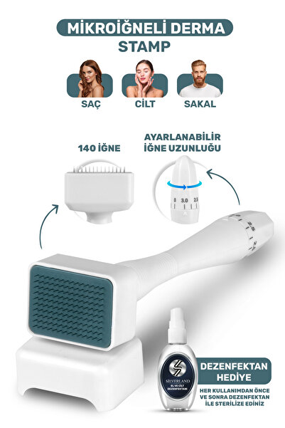 SİLVERLAND DermaStamp 140 Titanyum İğneli , Ayarlanabilir 10 İğne Ölçülü 0.25mm-3.00mm Dezenfektan Hediyeli