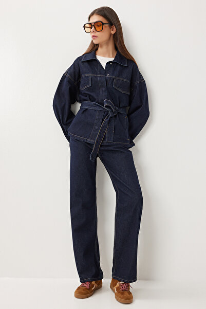 Lovelyİstanbul Kuşaklı Denim Ceket Pantolon Takım LRI0020 KOYU MAVİ