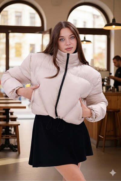 Generic Brand Women's New Season Cross Stitched Winter Coat with Rubber Detail Crop