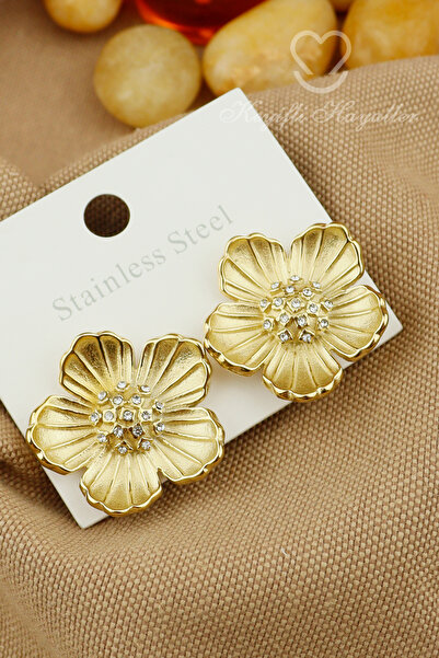 Keyifli Hayaller Orijinal Çelik Çivi - Gold Zirkon Taşlı Çiçek Çelik Küpe Kar...